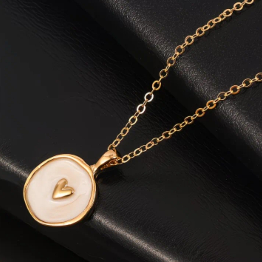 Gold Pearl Enamel Heart Necklace